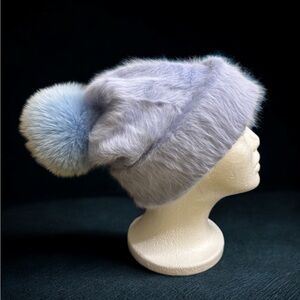 AVU LE VU Slouchy Beanie Hat Real Angora Rabbit Hair, Real Fox Pom Pom Baby Blue